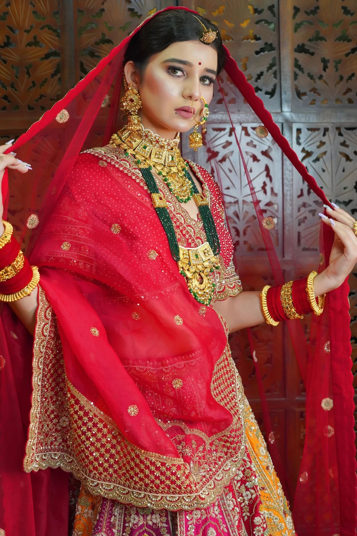 Exquisite Red & Mustard Lehenga with Peacock Motif – Ideal for Weddings and Receptions