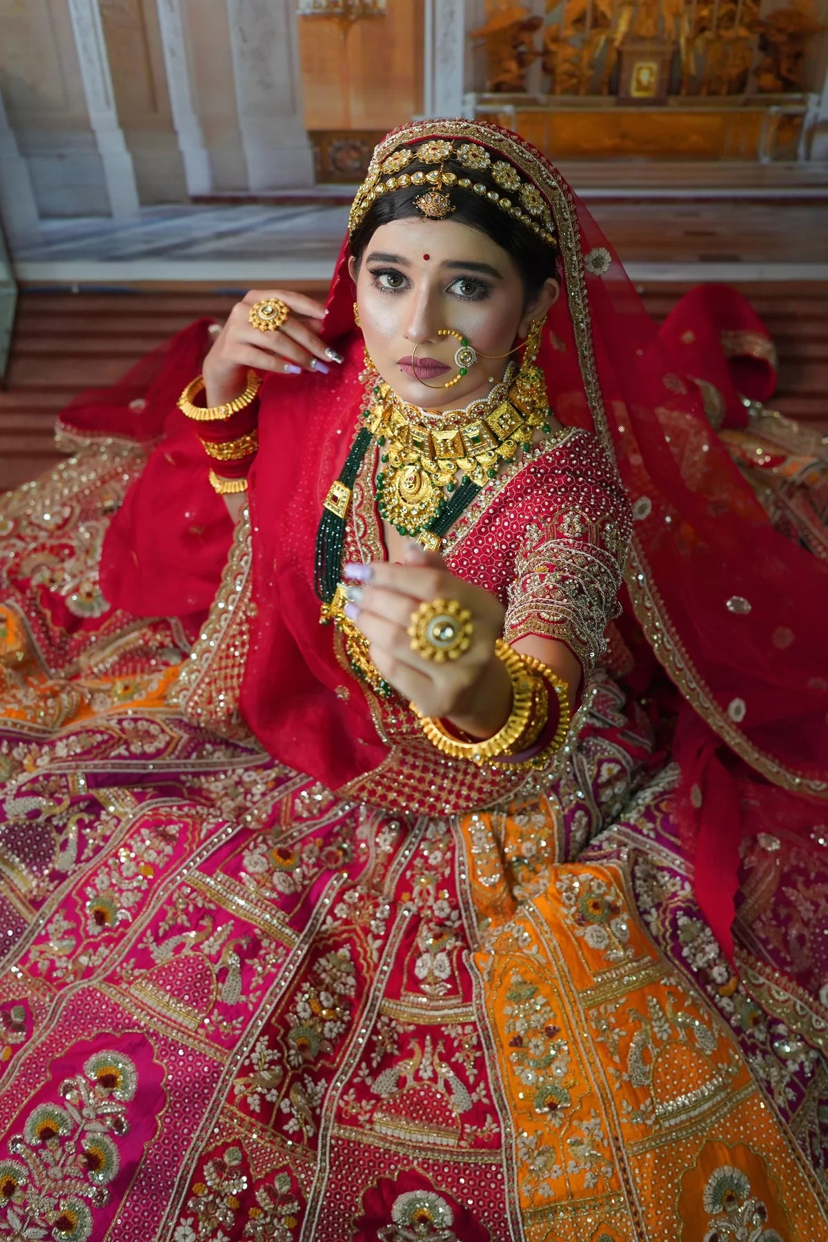 Exquisite Red & Mustard Lehenga with Peacock Motif – Ideal for Weddings and Receptions