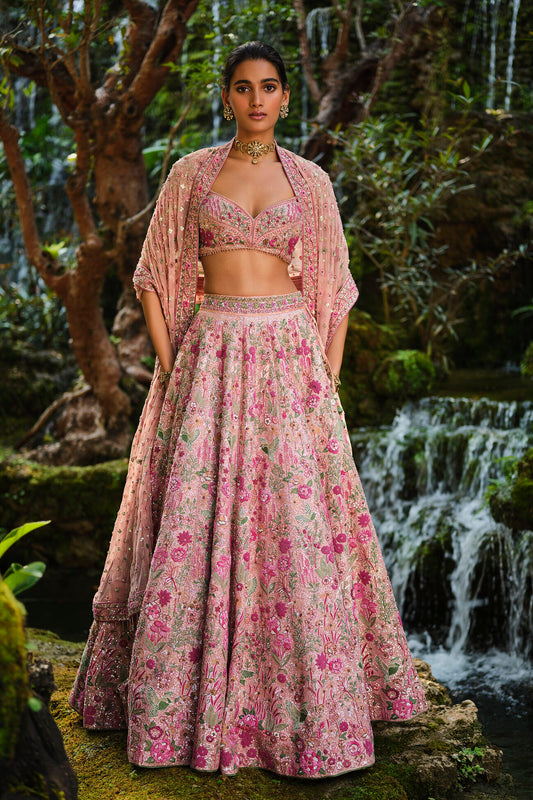 Contemporary Florarose Silk Lehenga Set with Intricate Embroidery Perfect for Glamorous Wedding Looks