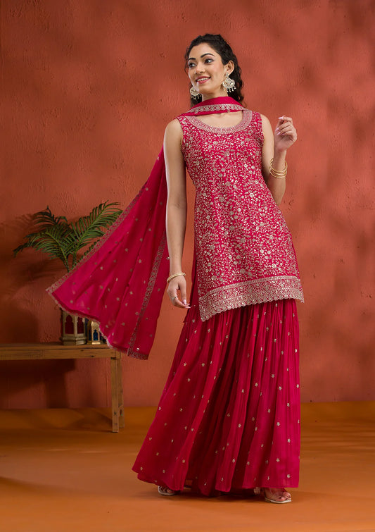 Premium Rani Pink Silver Zariwork Georgette Salwar Suit Ideal for Party Ready Look and Festive Wear