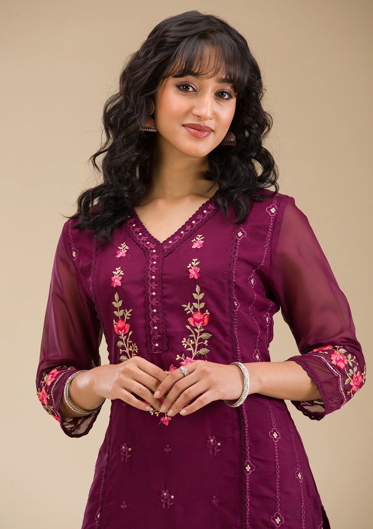 Sophisticated Wine Threadwork Crepe Readymade Salwar Suit with Elegant Embroidery for Women