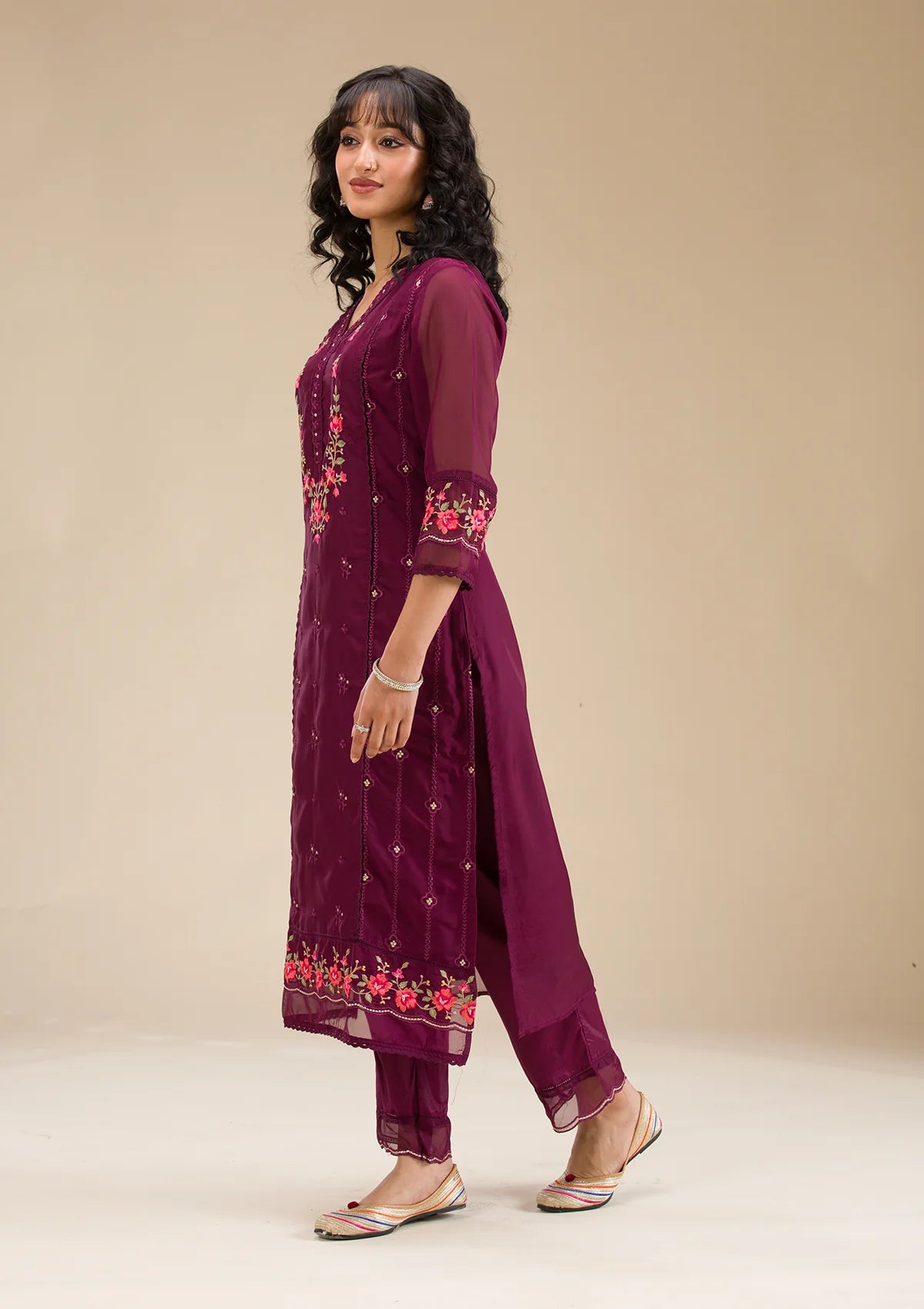 Sophisticated Wine Threadwork Crepe Readymade Salwar Suit with Elegant Embroidery for Women