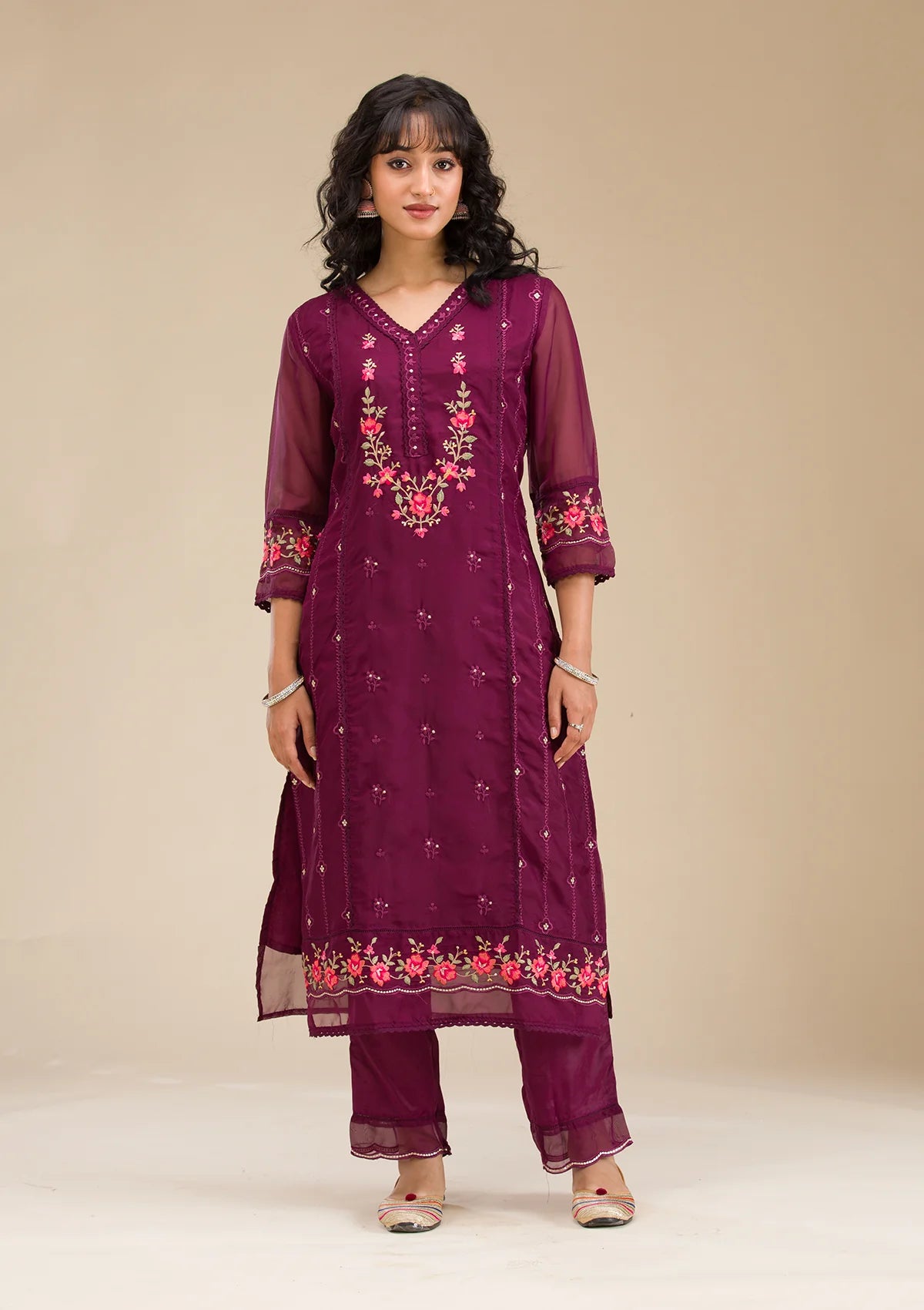 Sophisticated Wine Threadwork Crepe Readymade Salwar Suit with Elegant Embroidery for Women