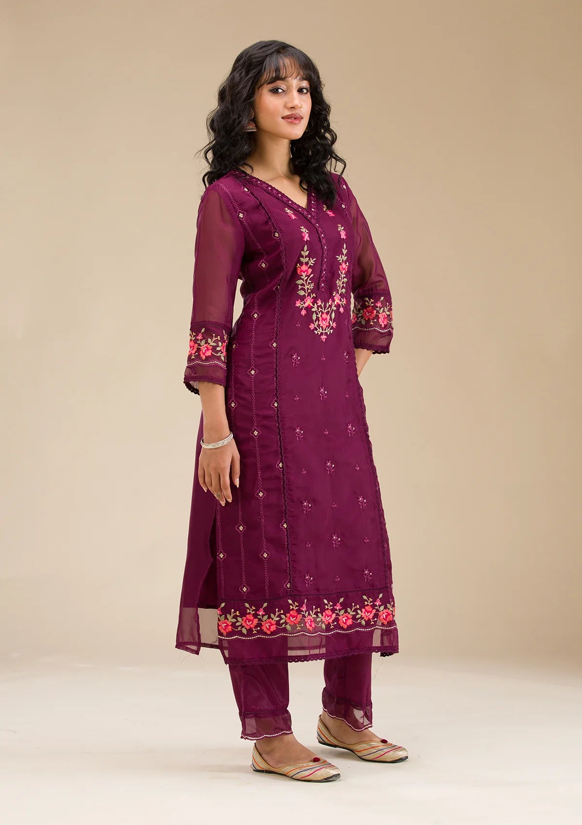 Sophisticated Wine Threadwork Crepe Readymade Salwar Suit with Elegant Embroidery for Women