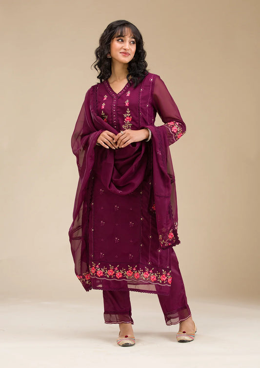 Sophisticated Wine Threadwork Crepe Readymade Salwar Suit with Elegant Embroidery for Women