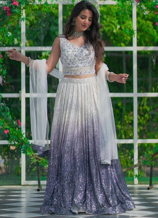 Modern Navy Blue and White Party Wear Lehenga Choli Crafted in Georgette with Decorative Sequence Detailing