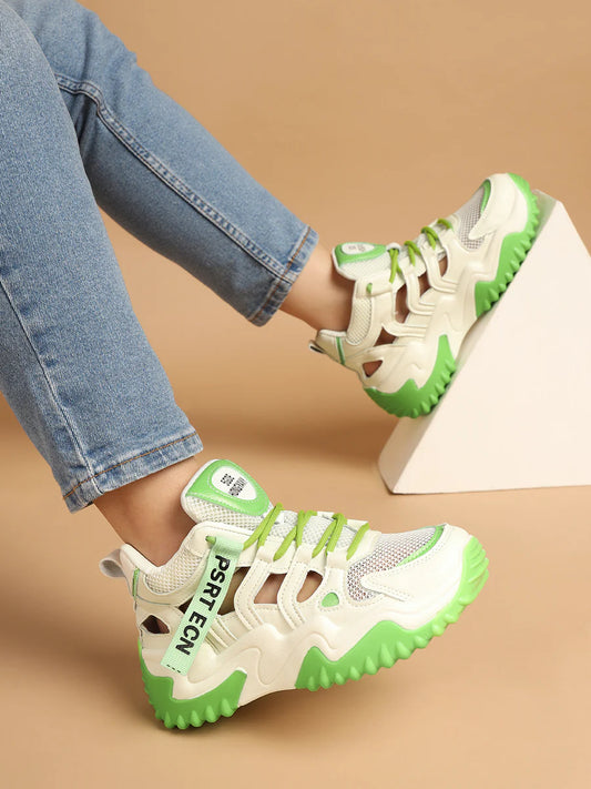 Comfortable White Green Sneakers with PU Upper and Chunky Sole for Everyday Wear