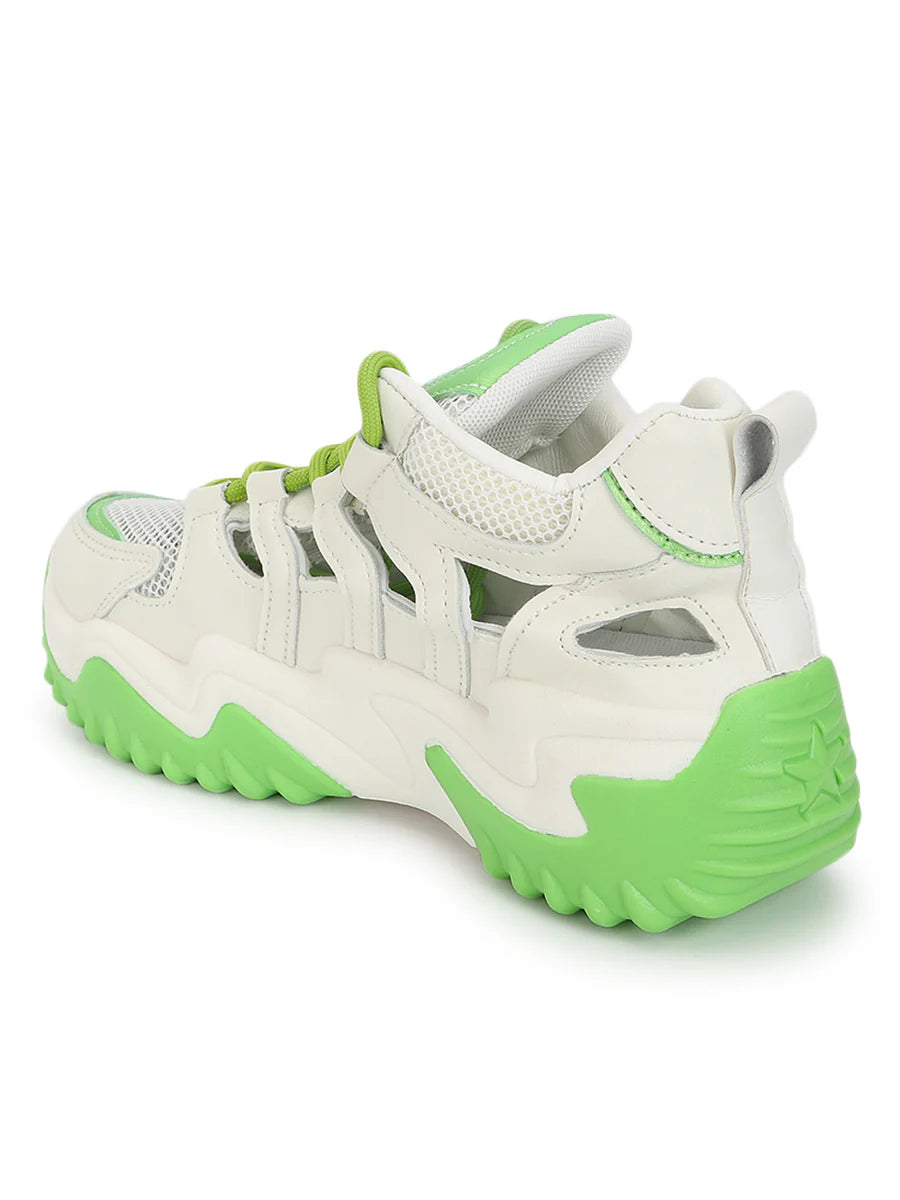 Comfortable White Green Sneakers with PU Upper and Chunky Sole for Everyday Wear