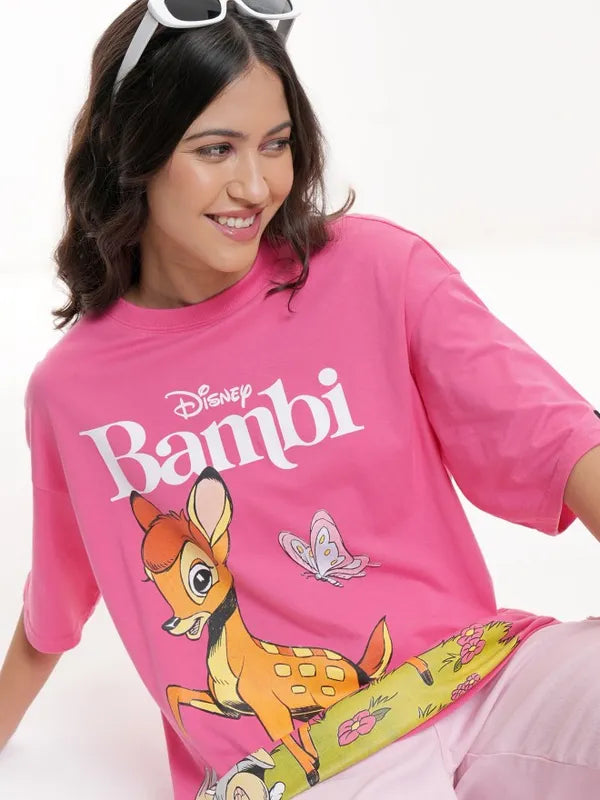 Everyday Wear Women Pink Oversized Fit T-Shirt with Bambi Graphic Design