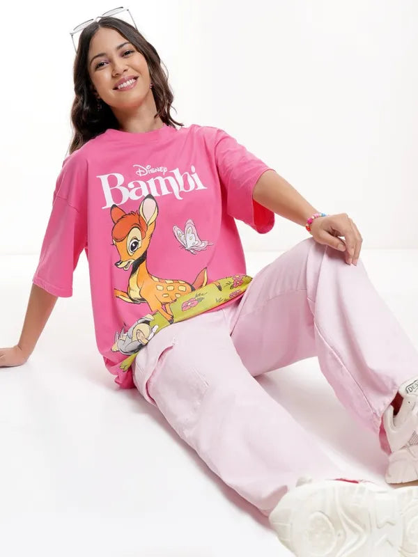 Everyday Wear Women Pink Oversized Fit T-Shirt with Bambi Graphic Design