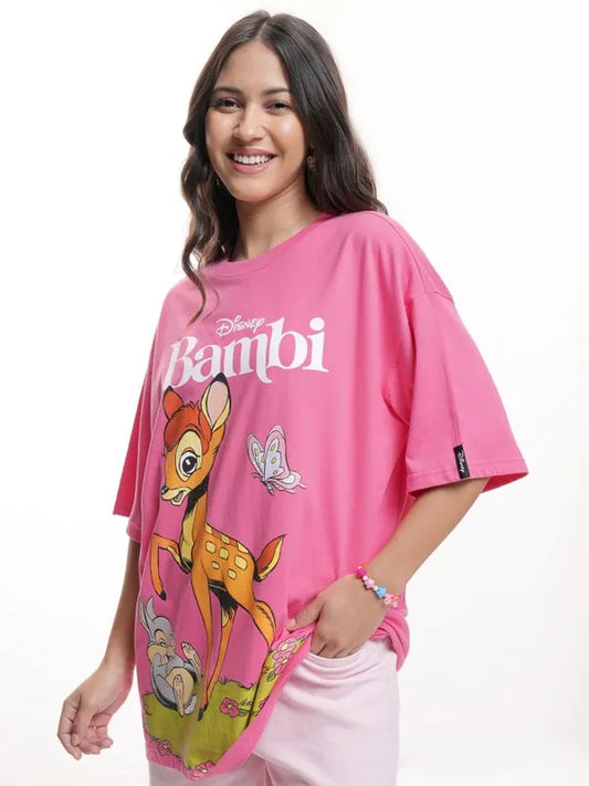 Everyday Wear Women Pink Oversized Fit T-Shirt with Bambi Graphic Design