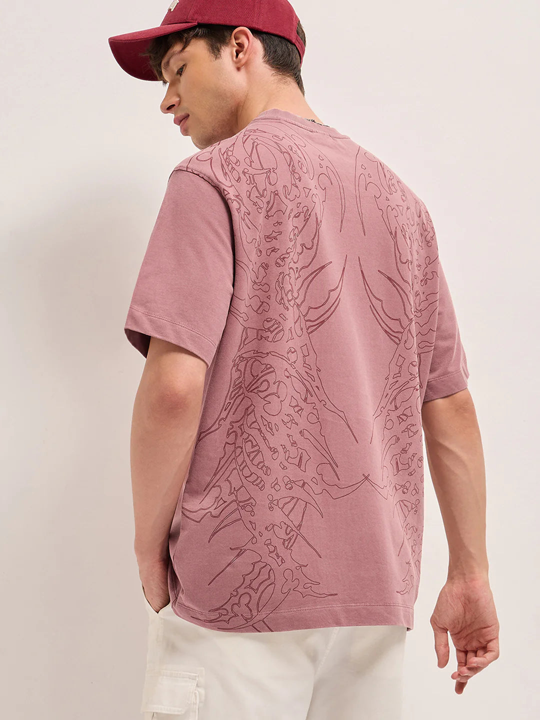 Exclusive Mauve Oversized Crew Neck T-Shirt Men’s Relaxed Fit Tribal Abstract Graphic Tee