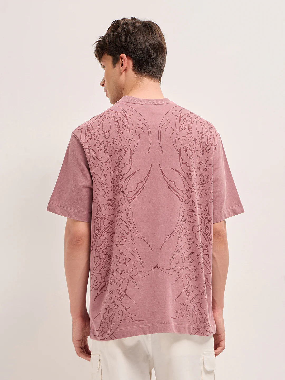 Exclusive Mauve Oversized Crew Neck T-Shirt Men’s Relaxed Fit Tribal Abstract Graphic Tee