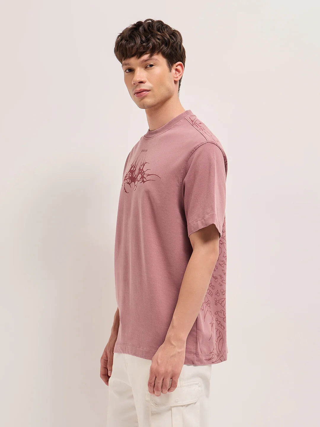 Exclusive Mauve Oversized Crew Neck T-Shirt Men’s Relaxed Fit Tribal Abstract Graphic Tee