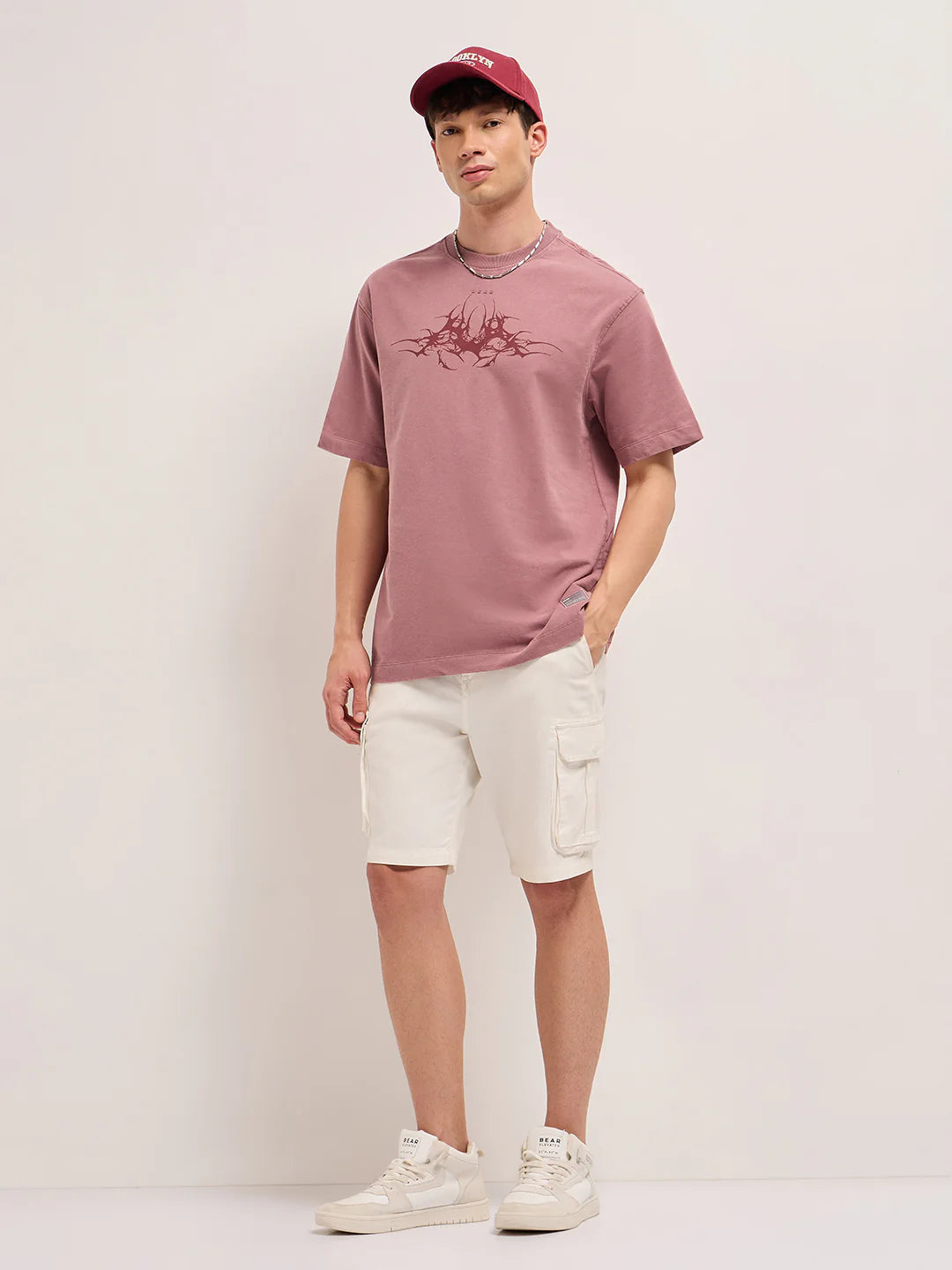 Exclusive Mauve Oversized Crew Neck T-Shirt Men’s Relaxed Fit Tribal Abstract Graphic Tee