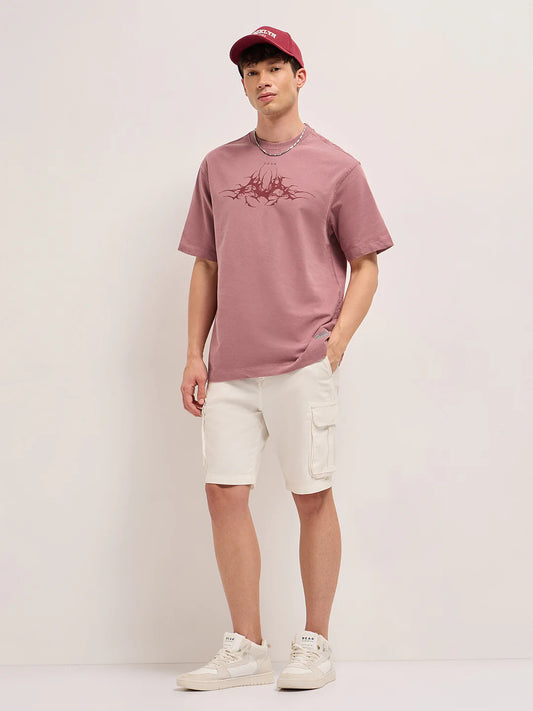 Exclusive Mauve Oversized Crew Neck T-Shirt Men’s Relaxed Fit Tribal Abstract Graphic Tee