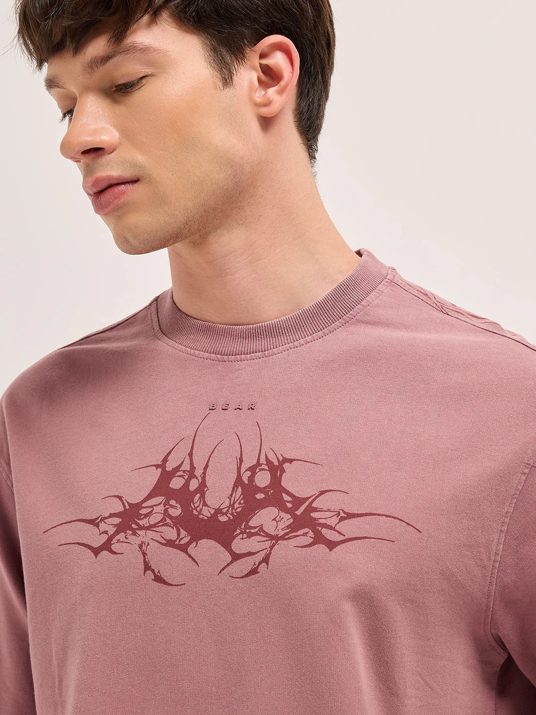 Exclusive Mauve Oversized Crew Neck T-Shirt Men’s Relaxed Fit Tribal Abstract Graphic Tee