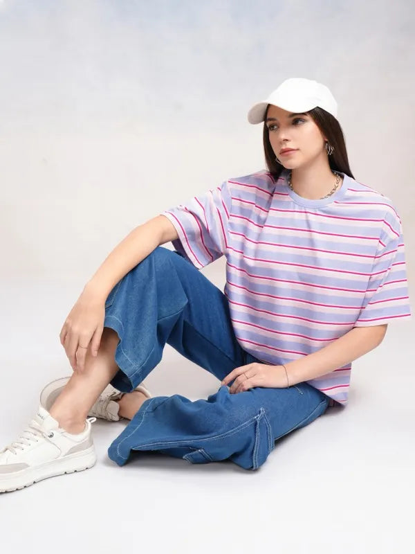 Relaxed Fit Women’s Blue Striped T-Shirt – Perfect for Daily Casual Wear