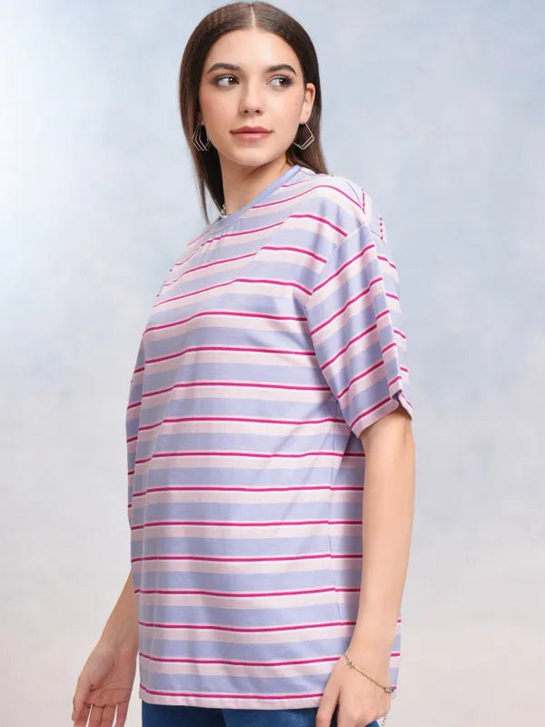 Relaxed Fit Women’s Blue Striped T-Shirt – Perfect for Daily Casual Wear