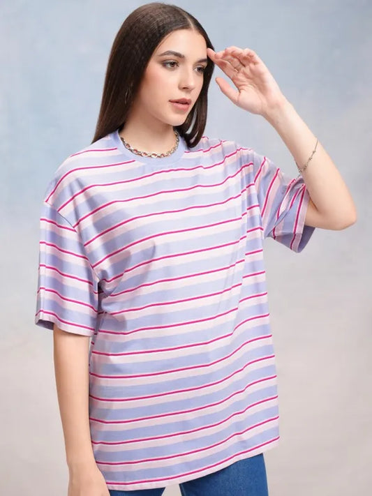 Relaxed Fit Women’s Blue Striped T-Shirt – Perfect for Daily Casual Wear