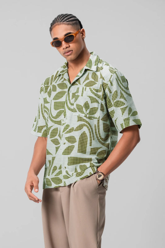 Unisex Green Shirt Textured Pattern Perfect for Office and Outings