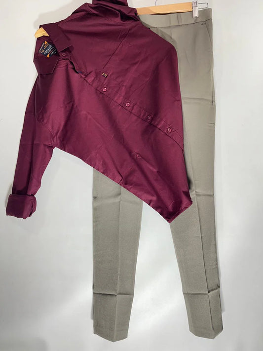 Office Ready Men’s Burgundy Shirt and Formal Pant Set with Sleek Fit