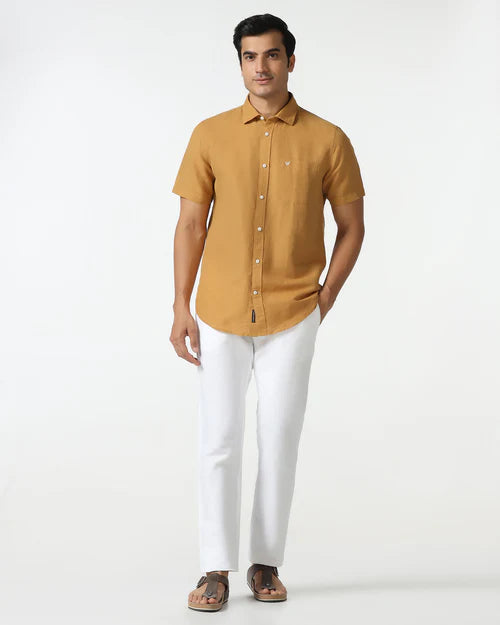 Modern Men’s Yellow Half Sleeve Linen Shirt with Comfortable and Stylish Fit