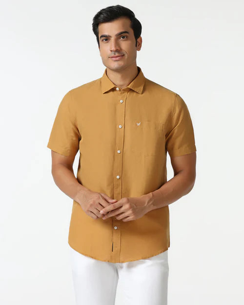 Modern Men’s Yellow Half Sleeve Linen Shirt with Comfortable and Stylish Fit