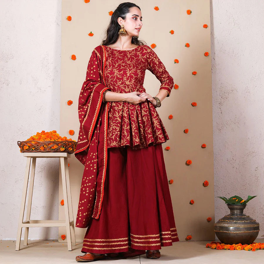 Fancy Maroon Kurta Set with Gold Print and Dupatta Ideal for Evening Gatherings and Parties