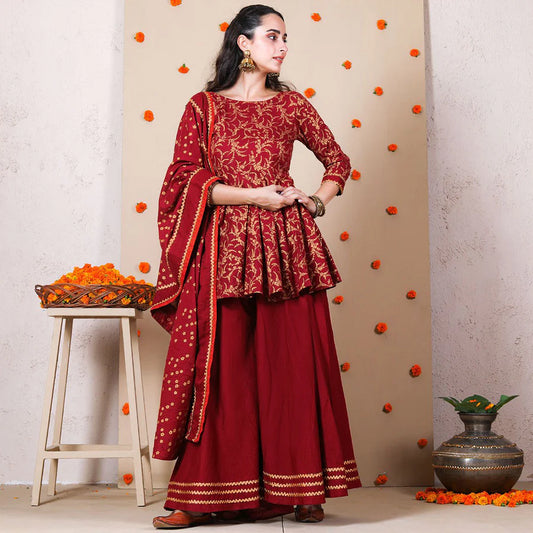 Fancy Maroon Kurta Set with Gold Print and Dupatta Ideal for Evening Gatherings and Parties