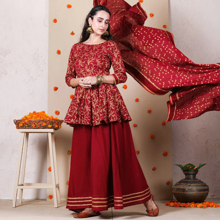 Fancy Maroon Kurta Set with Gold Print and Dupatta Ideal for Evening Gatherings and Parties
