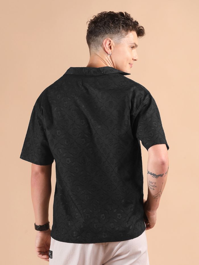 Modern Black Cutwork Jacquard Cuban Shirt with Sleek Minimalist Design for Men