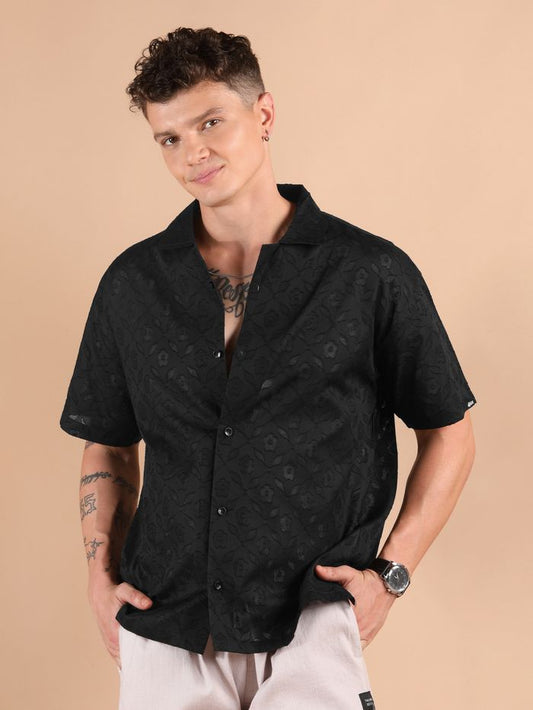Modern Black Cutwork Jacquard Cuban Shirt with Sleek Minimalist Design for Men