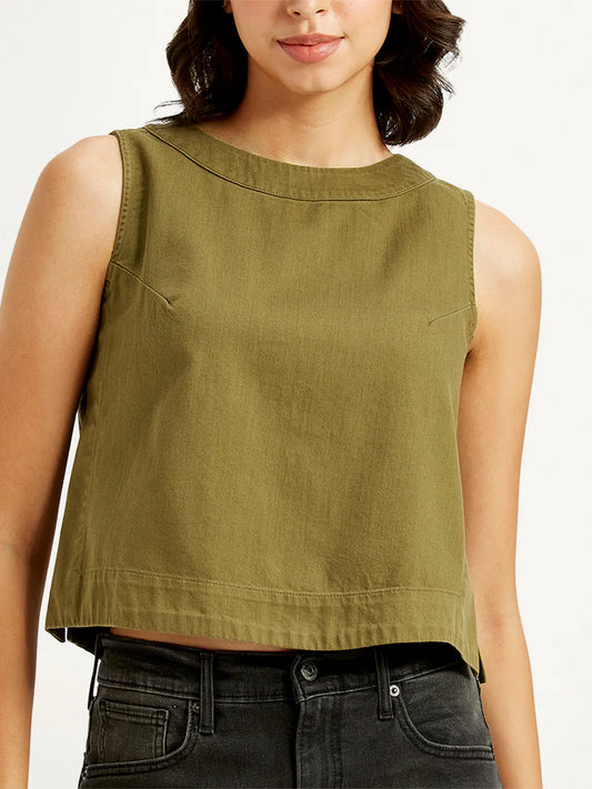 Minimalist Solid Olive Crop Top for Women with Classic Round Neck