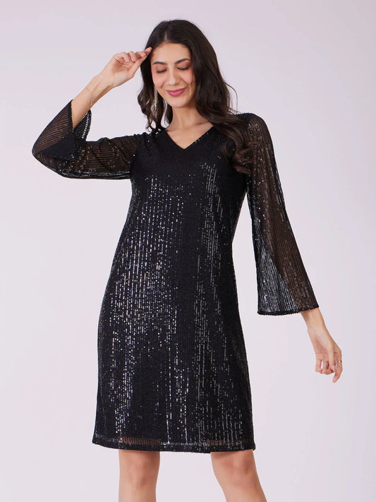 Trendy Sequin Shift Dress for Women in Black Ideal for Weddings, Cocktail Events, and Evening Gatherings