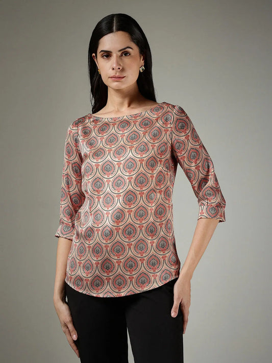 Fashionable Beige Satin Top Featuring Traditional Indian Motif Pattern