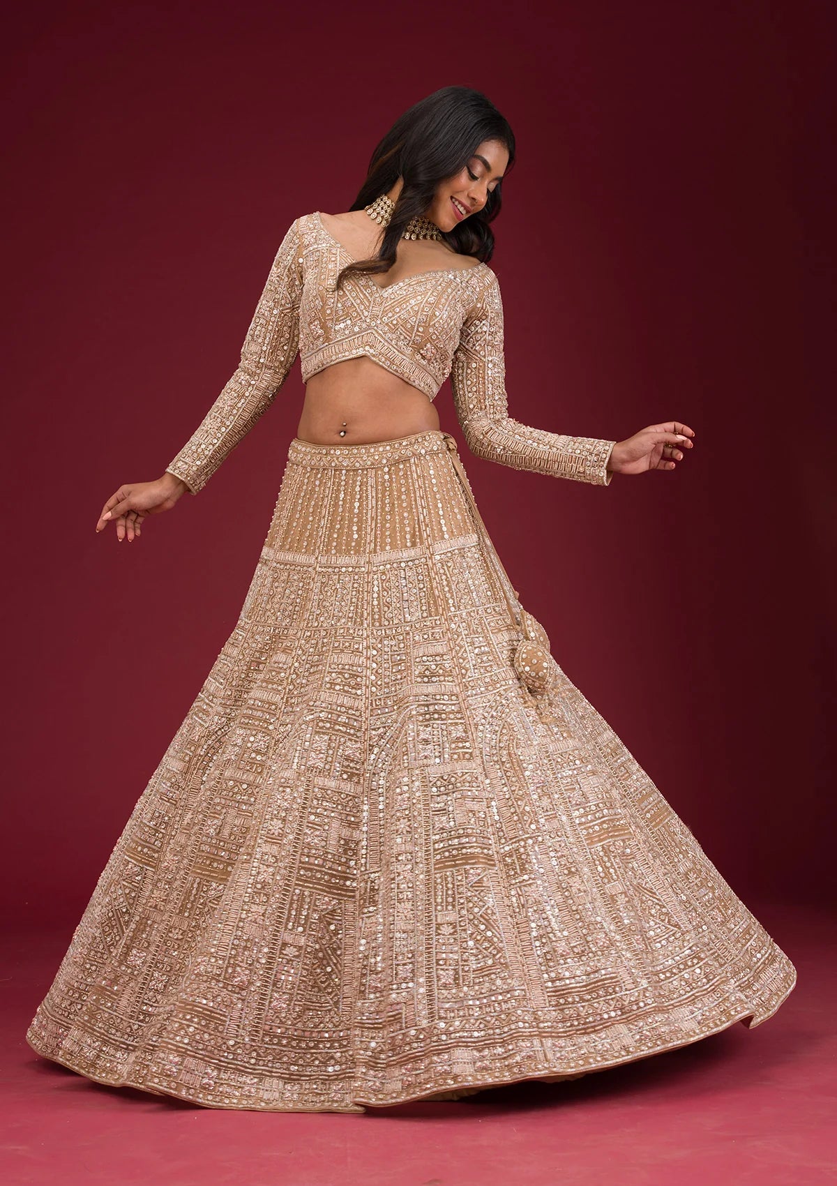 Beige Net Lehenga with Sequins Embroidery – Ready-to-Wear Wedding and Reception Wear