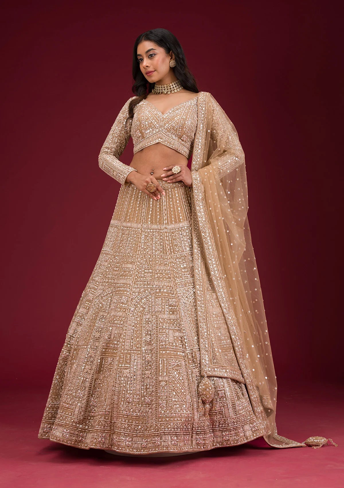 Beige Net Lehenga with Sequins Embroidery – Ready-to-Wear Wedding and Reception Wear