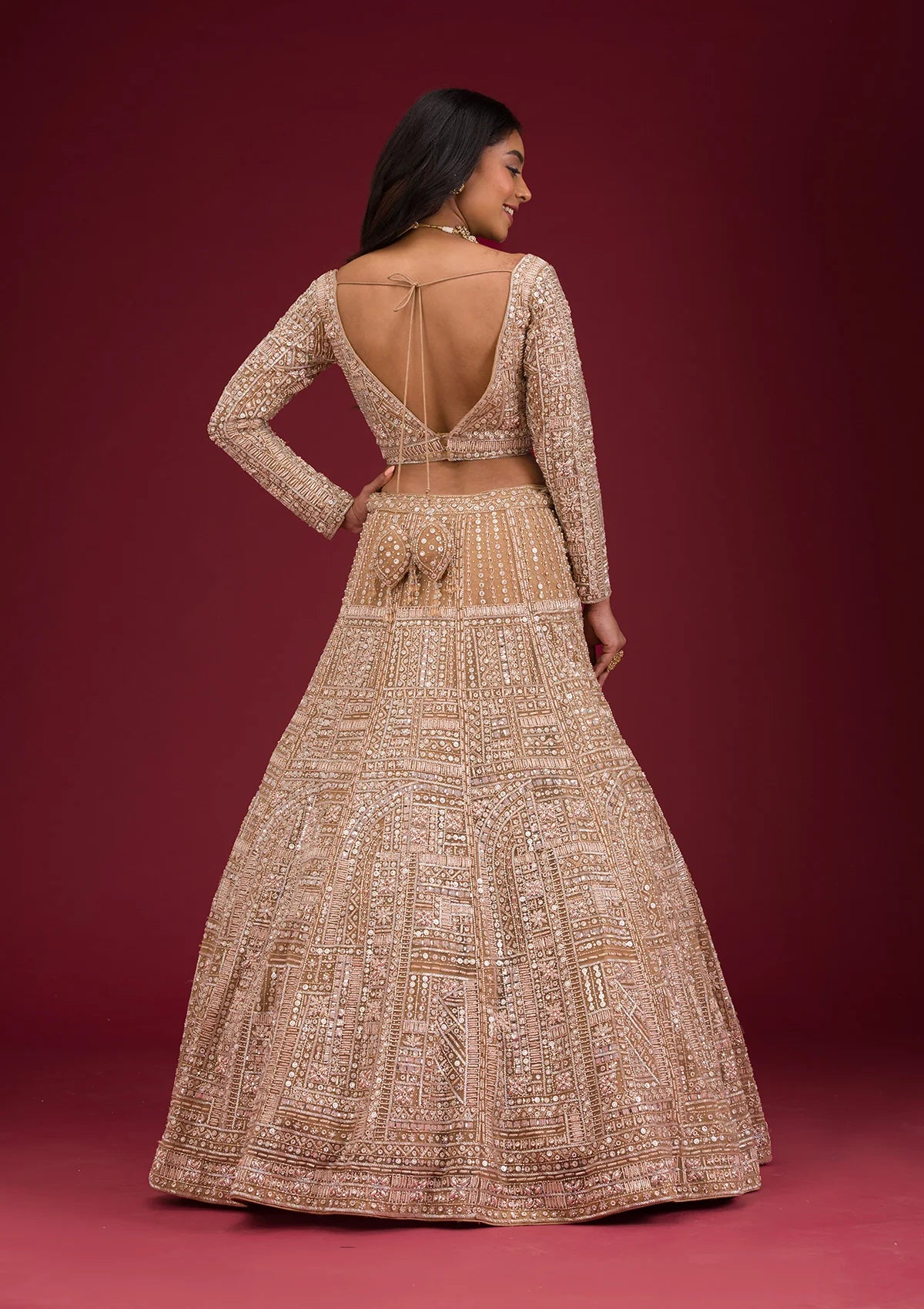 Beige Net Lehenga with Sequins Embroidery – Ready-to-Wear Wedding and Reception Wear