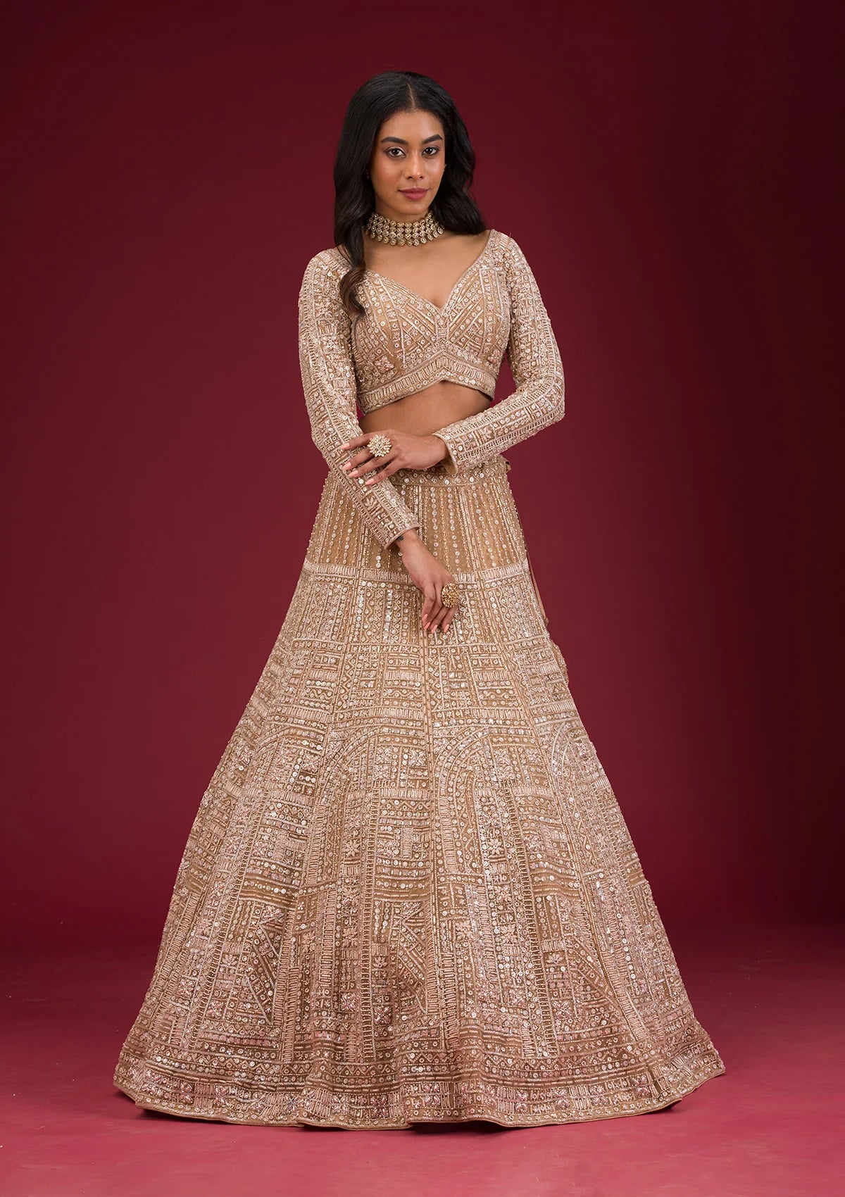 Beige Net Lehenga with Sequins Embroidery – Ready-to-Wear Wedding and Reception Wear
