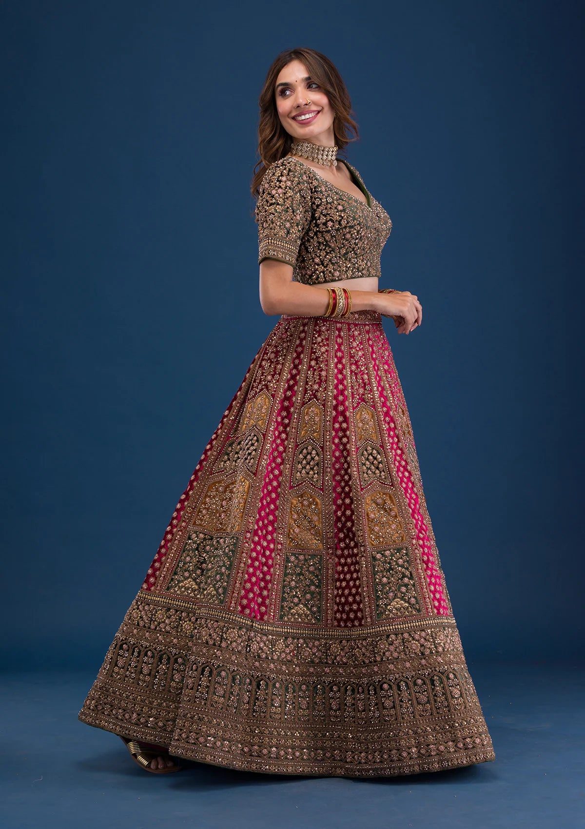 Maroon Velvet Lehenga Choli with Zari Detailing – Ready-to-Wear Wedding Attire