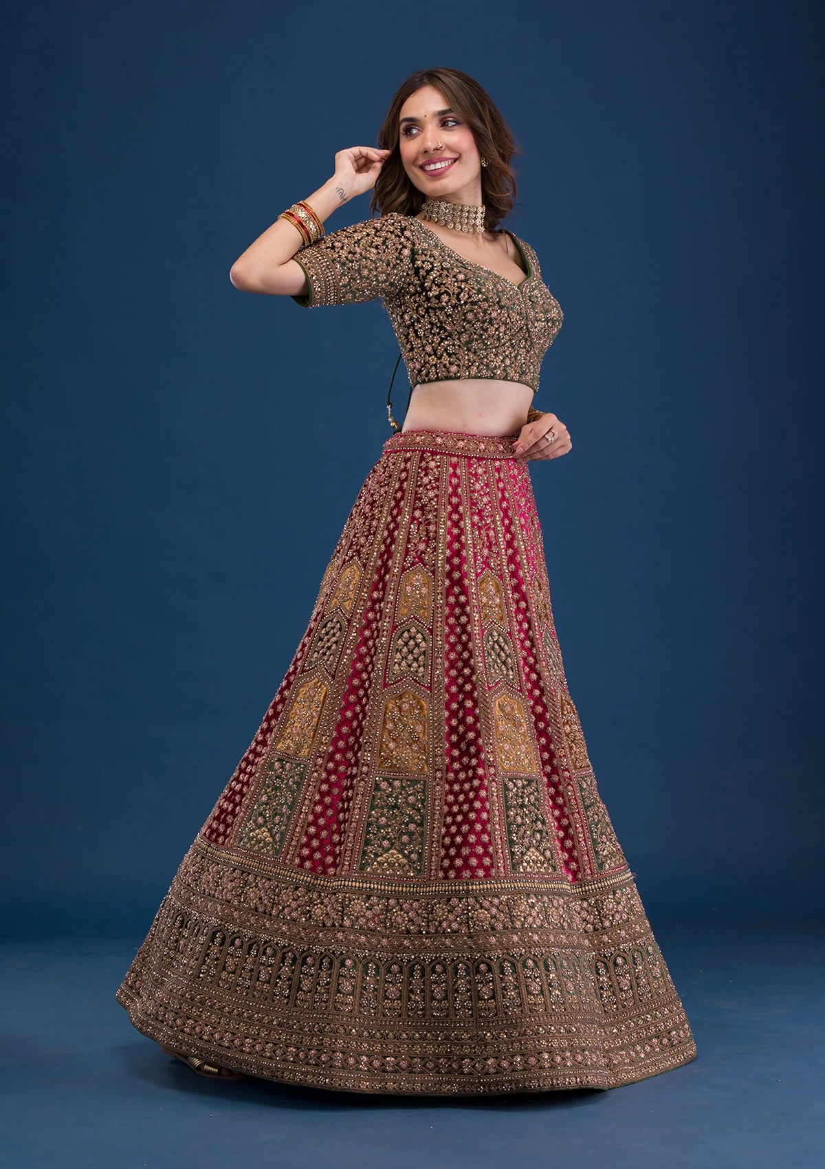 Maroon Velvet Lehenga Choli with Zari Detailing – Ready-to-Wear Wedding Attire