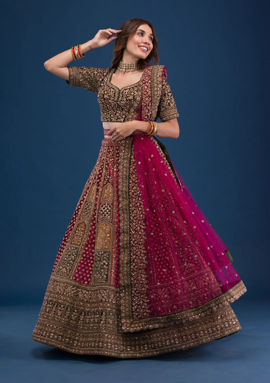 Maroon Velvet Lehenga Choli with Zari Detailing – Ready-to-Wear Wedding Attire