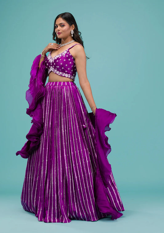 Royal Purple Satin Lehenga with Intricate Sequins Work Ideal for Weddings, Receptions, and Festive Wear