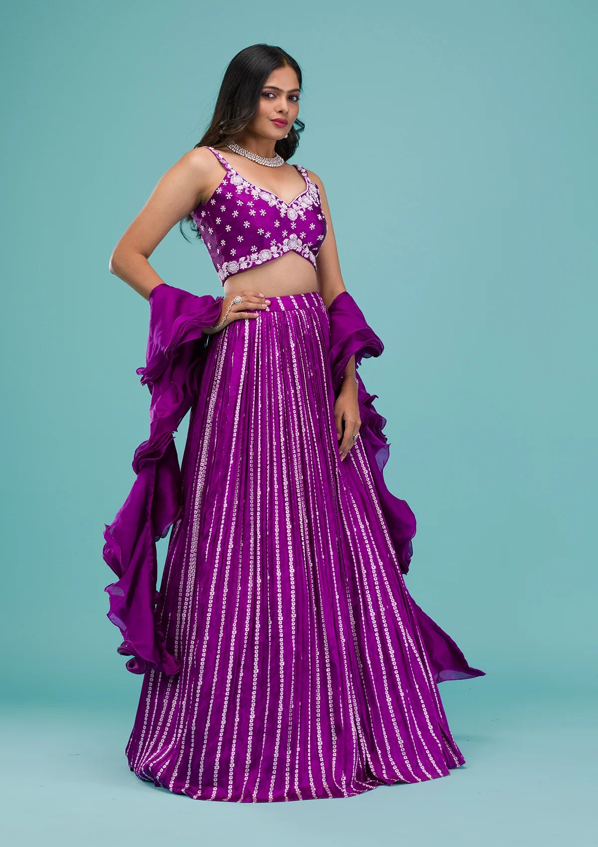 Royal Purple Satin Lehenga with Intricate Sequins Work Ideal for Weddings, Receptions, and Festive Wear