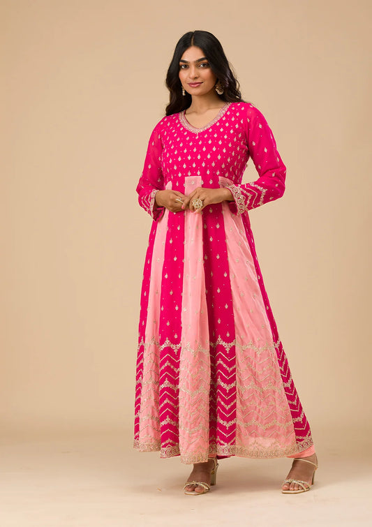 Designer Rani Pink Georgette Salwar Suit with Silver Zari Embroidery Perfect for Ethnic and Traditional Events