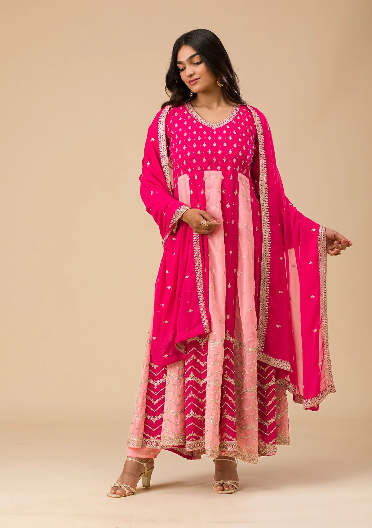 Designer Rani Pink Georgette Salwar Suit with Silver Zari Embroidery Perfect for Ethnic and Traditional Events