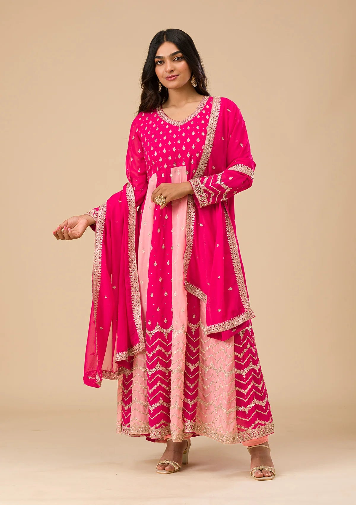 Designer Rani Pink Georgette Salwar Suit with Silver Zari Embroidery Perfect for Ethnic and Traditional Events