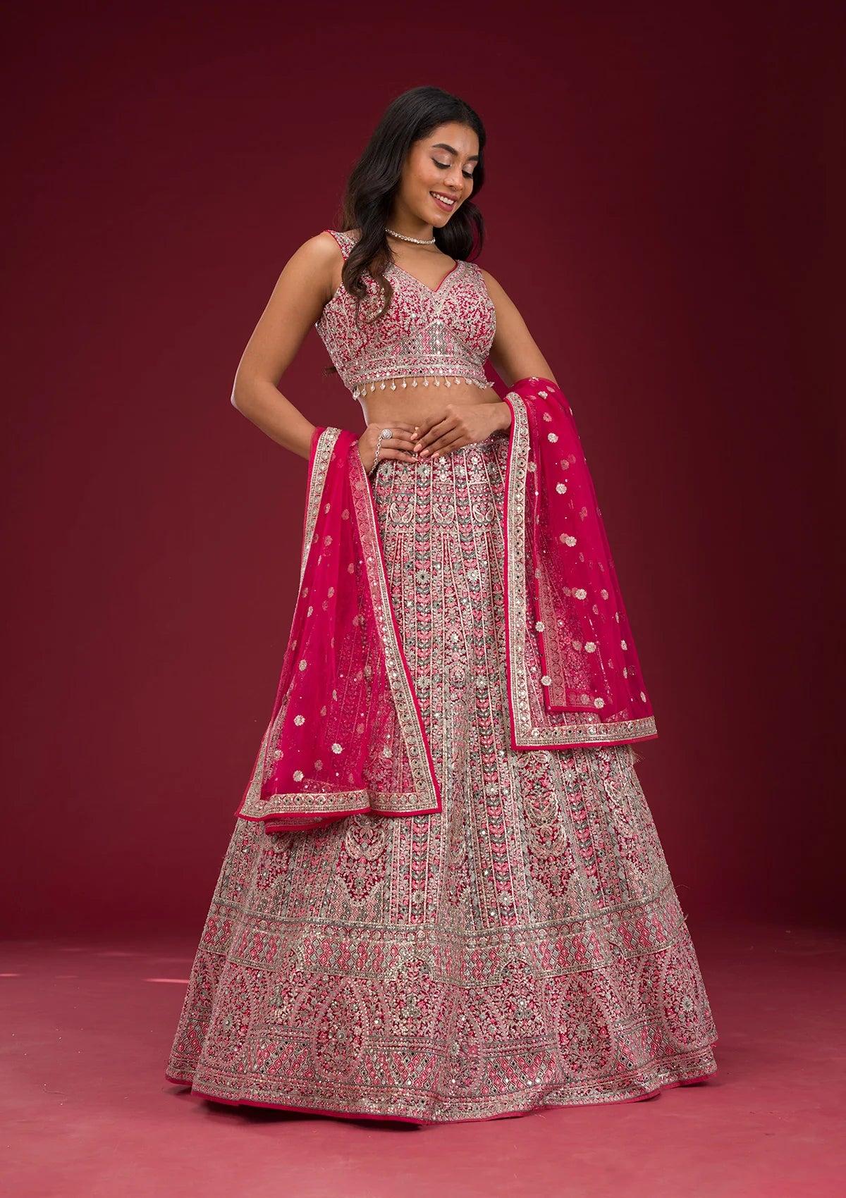 Luxurious Rani Pink Readymade Lehenga with Thread Embroidery – Wedding & Special Occasions