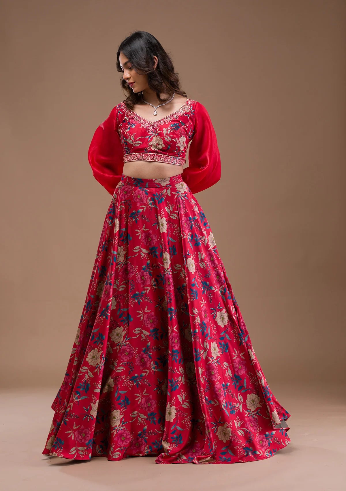 Contemporary Red Satin Lehenga with Beautiful Printed Design for Wedding, Reception, and Party Wear